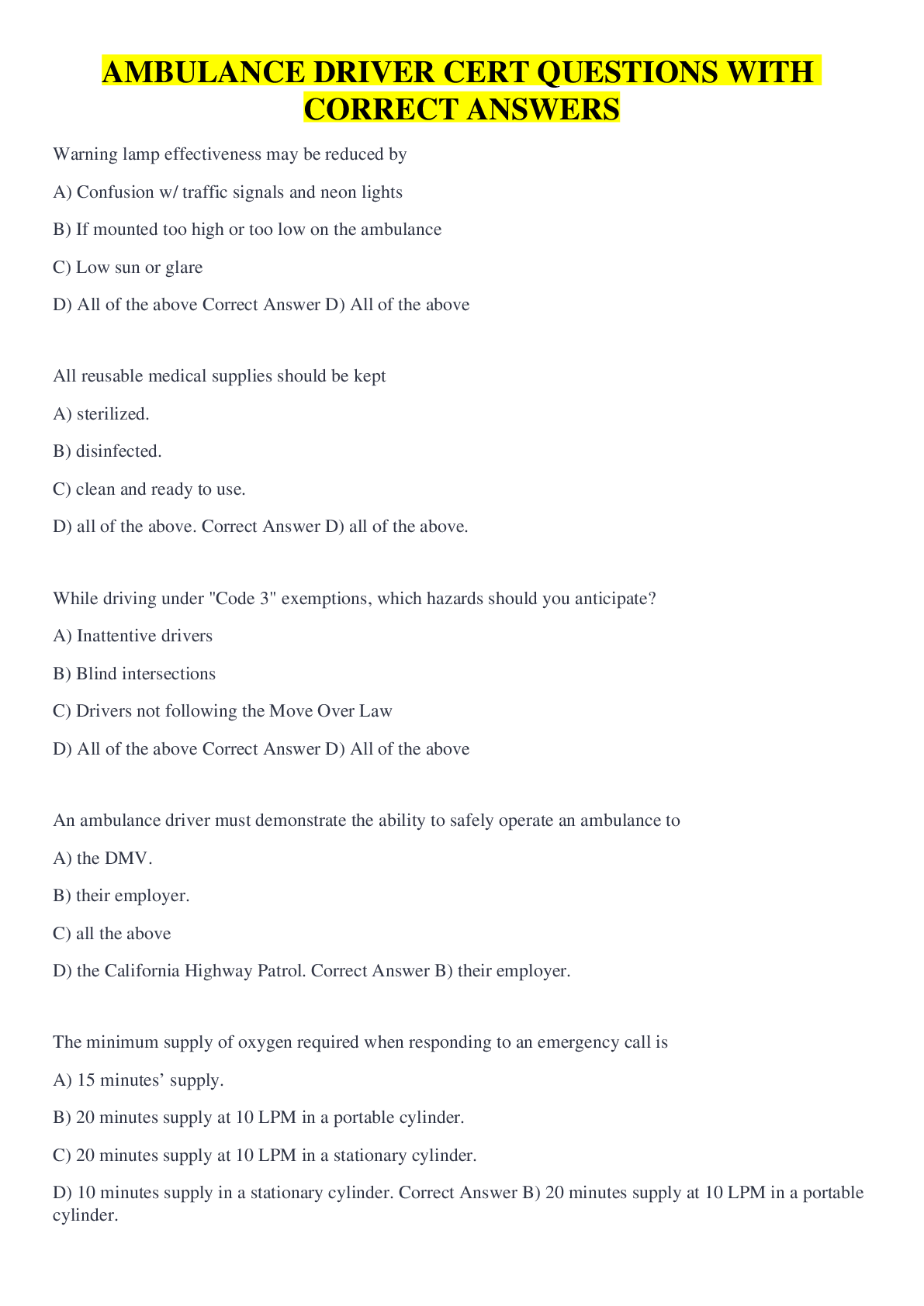 Preview image for AMBULANCE DRIVER CERT QUESTIONS WITH CORRECT ANSWERS